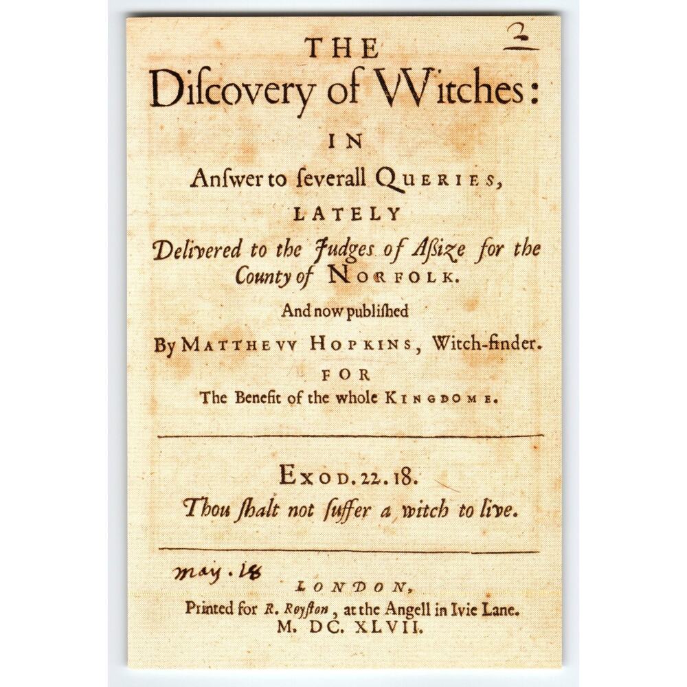 The Discovery of Witches 1647 Antique Book Page Witchfinder Matthew Hopkins